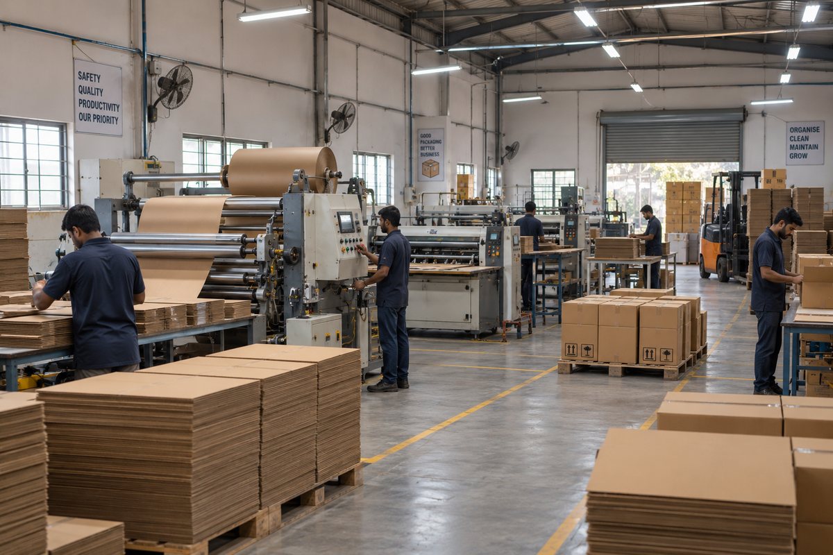 Workers on a factory floor operating machinery and packing finished goods