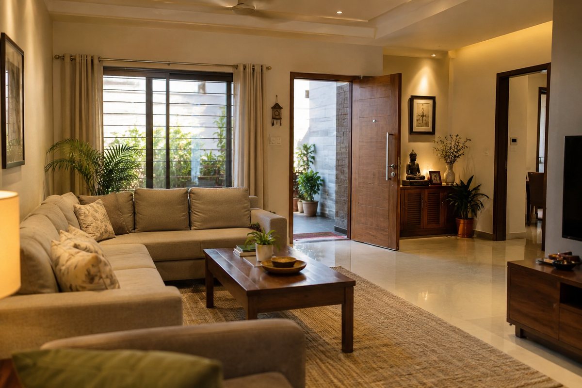 A warm, well-lit living room with the main entrance and seating area